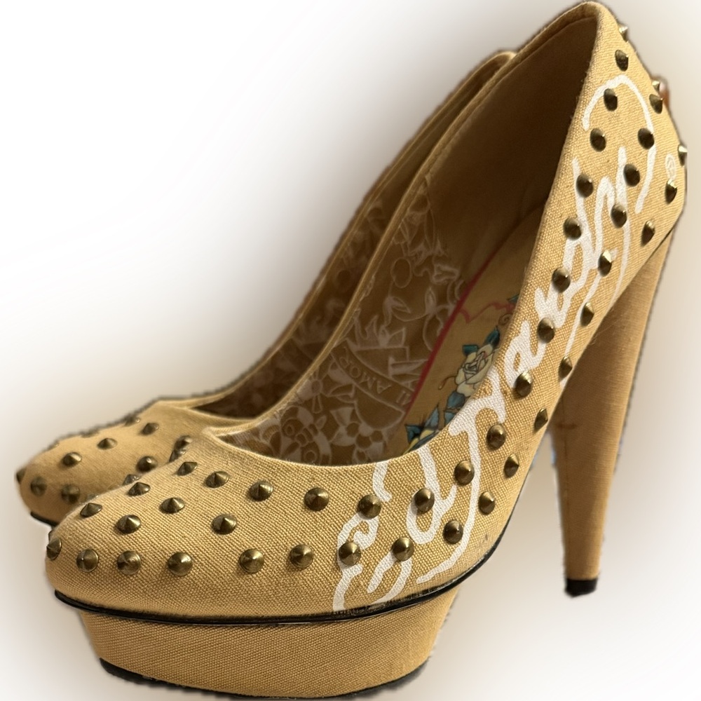 Ed Hardy Herve beige studded platform Heels